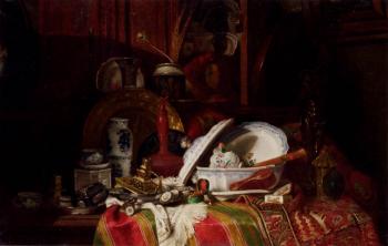 古斯塔夫 讓 雅凱 Trinquier Antoine Guillaume Still Life With Dishes A Vase A Candlestick And Other Objects